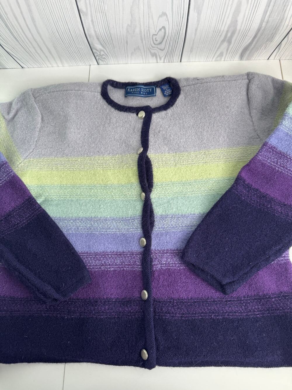 Vtg KAREN SCOTT Pure Wool Purple Stripe Cardigan Sweater Twee Preppy Large